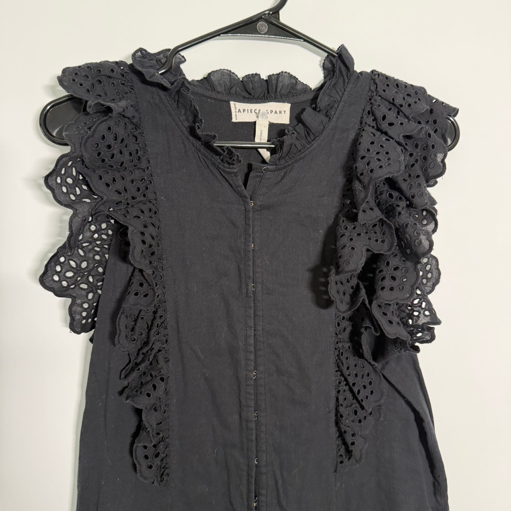 Apiece Apart Black Eyelet Ruffle Sleeve Jumpsuit No Belt Hook Closure Limon - Picture 3 of 10